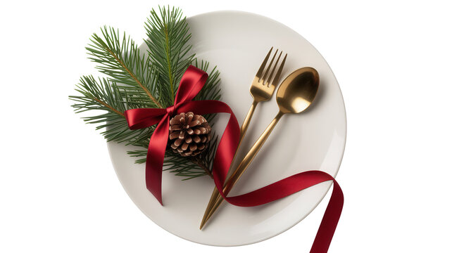 Elegant christmas dinner table setting with a pine cone and festive ribbon on a white plate with gold cutlery isolated on transparent background - Powered by Adobe