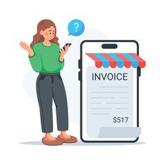 Online invoice, online billing, mobile shopping flat illustration in trendy style