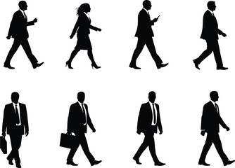 Fototapeta premium Business people walking with briefcases and phones, professional teamwork silhouettes, corporate lifestyle illustration, flat vector