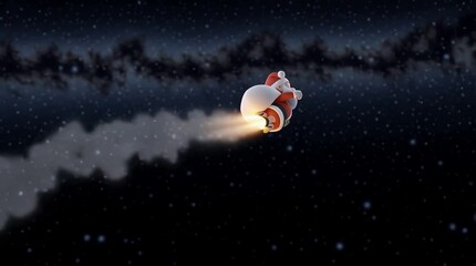 Cute 3D cartoon Santa Claus flying through starry night sky with joyful expression, adorable Christmas holiday animation clip perfect for festive greeting or advertising