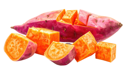 Fresh sweet potato, partially cut into orange cubes, displaying purple skin. On black background, vibrant color