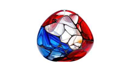 Abstract egg-shaped object with red, white, and blue mosaic-like design on black background, appearing illuminated