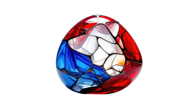 Abstract egg-shaped object with red, white, and blue mosaic-like design on black background, appearing illuminated
