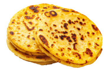 Cachapas sweet corn pancakes topped with sweet cream sauce, isolated on white transparent background, concept of South American cuisine, breakfast or brunch