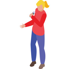 Female Singer Performing With Microphone In A Red Top And Blue Pants On A Transparent Background