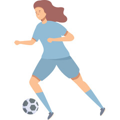 Female soccer player dribbling a ball with skill and determination on a white background with a faint blue tint highlighting her athletic prowess and focused expression in a light blue uniform