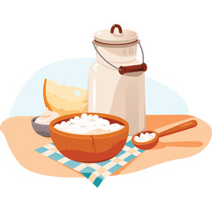 Farm Fresh Dairy Products Including Cottage Cheese Milk Jug And Cheese On A Checked Cloth With A Wooden Spoon And A Small Bowl Of Cream Or Yogurt
