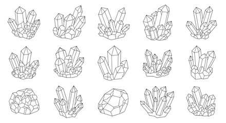 Collection of hand-drawn crystal illustrations in black and white on a white background.