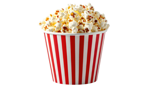 Overfilled red and white striped bucket overflowing with freshly popped, buttered popcorn on a black background