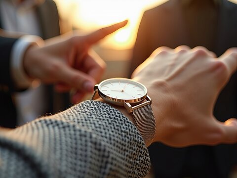 Time management and punctuality concept with a businessman checking his wrist watch as a colleague points to a deadline