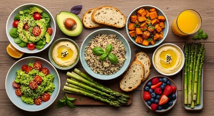 Healthy Plant Based Vegan Table Spread with Quinoa Avocado and Fresh Vegetables