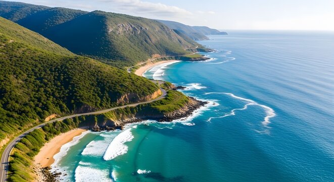 Great Ocean Road Coastal Scenery with Turquoise Waters Cliffs Beaches and Winding Asphalt Road Aerial View - Powered by Adobe