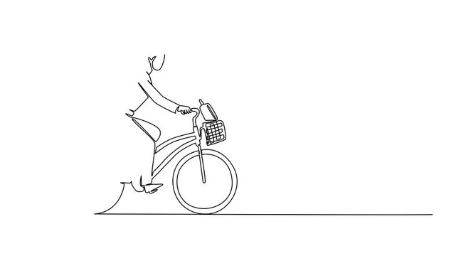 Animation of continuous one line drawing businesswoman with helmet riding a bicycle carrying a briefcase in a basket. National Bike to Work Day. Single line self drawing animated. Full length motion - Powered by Adobe