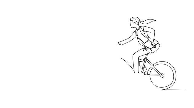 Animated self drawing of single one line drawing businesswoman in blazer riding a bicycle while carrying a briefcase. High speed mode. National Bike to Work Day. Full length single line animation