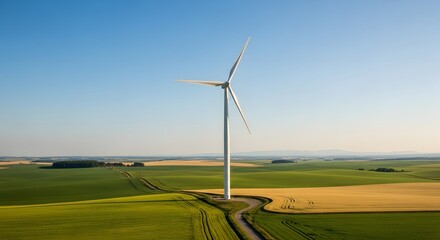 Wind Turbine Landscape Generates Sustainable Energy Scenic View Green Fields Blue Sky
