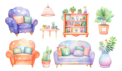 Watercolor Collection of Isolated Colorful Furniture and Plants on Transparent Background