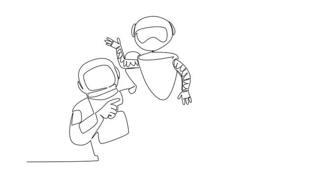 Self drawing animation of single continuous line drawing astronaut holds smartphone with robot comes out of screen. Curiosity about space. International Virtual Assistants Day. Full length animated