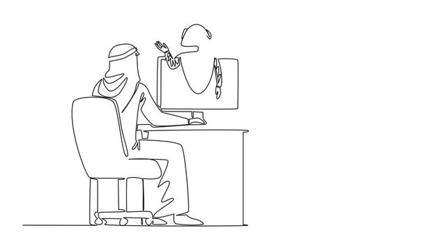 Self drawing animation of continuous line drawing Arab man sits facing monitor that comes out of robot on work desk. International Virtual Assistants Day. Single line draw design vector illustration