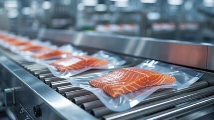 Vacuum Sealing Machine Packaging Fish on a Conveyor. automated vacuum sealing machine packaging fresh salmon fillets. The sealed packages are moving away on a stainless steel conveyor belt. 