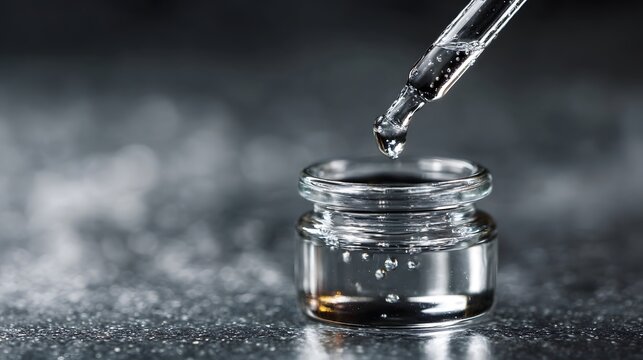 Close up of a glass dropper carefully dispensing clear liquid into a small vial creating tiny bubbles in a laboratory or cosmetic setting