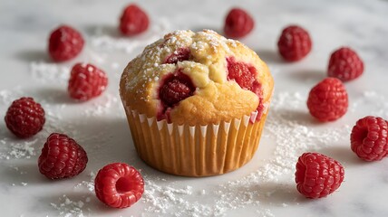 Fresh raspberry muffin on white surface with raspberries