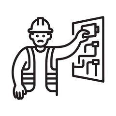 Electrician in hard hat working on electrical panel diagram