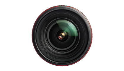 Detailed camera lens, circular glass reflection, red trim edge
