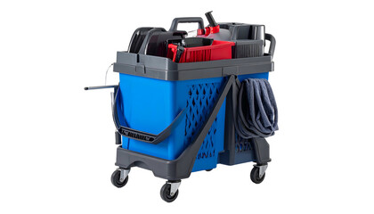 Mobile blue and gray cleaning cart loaded with supplies on black