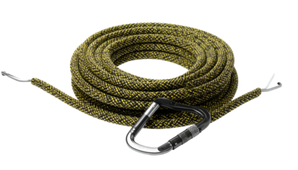 Coiled rope with carabiner, for climbing/rescue, on black ground