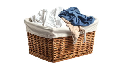 Wicker basket overflowing with laundry; various colors
