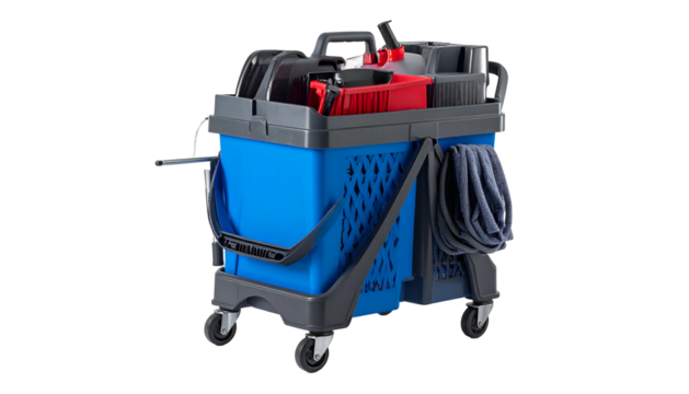 Mobile blue and gray cleaning cart loaded with supplies on black