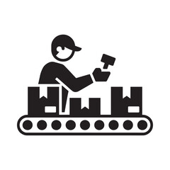 Worker assembling products on a conveyor belt in a factory