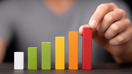 Visualizing data trends person placing wooden block on bar chart for analytical insight.