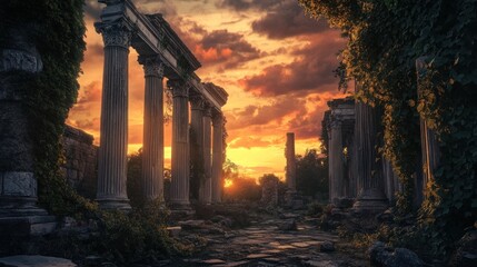 Ancient Roman temple ruins, weathered marble columns, overgrown with ivy, dramatic sunset sky, 