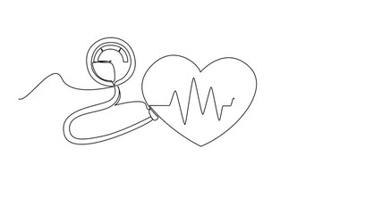 Animation of single continuous line drawing heart pulse graph in center of the heart with pump and blood. Medical checkup. World Hypertension Day. One line self drawing animated. Full length motion