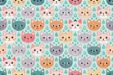 Obraz premium Seamless pattern of cute cat faces with raindrops on a light blue background