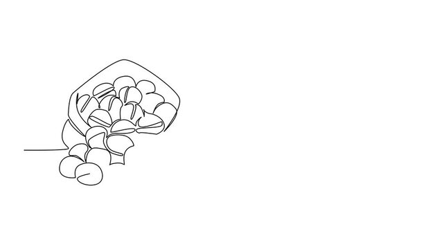 Animated self drawing of continuous line drawing walnuts in a paper bag and some scattered. Tens or even hundreds of walnuts from the harvest. National Walnut Day. Full length single line animation