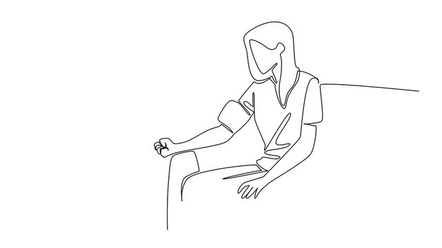 Animation of continuous one line drawing a woman in casual clothes sitting on a sofa and measuring her blood pressure. World Hypertension Day. Single line self drawing animated. Full length motion