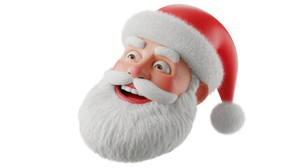 Close up of a cheerful santa claus head with a white beard and red hat isolated on transparent background