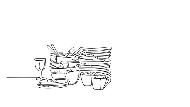 Animated self drawing of continuous one line drawing pile of dirty plates, bowls, mugs and cups. Large family meal with invited guests. National No Dirty Dishes Day. Full length single line animation