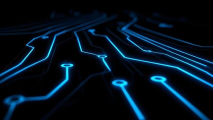 Glowing blue circuit traces on a dark background, like a futuristic neon circuit board. Concept Futuristic neon circuitry, Glowing blue traces, Dark tech background, Neon circuit board design