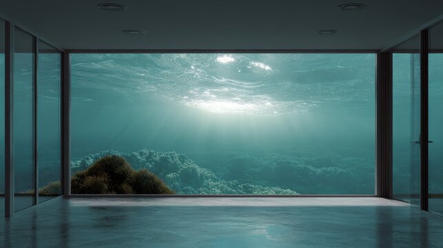 Fototapeta A serene underwater view seen through large glass windows, showcasing the tranquil ocean and ethereal light.