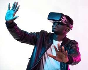 Young black man wearing virtual reality headset interacting with digital world through futuristic technology