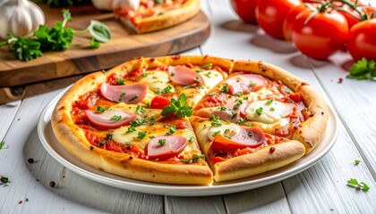 Ham and mozzarella pizza on white plate with garlic cloves nearby.