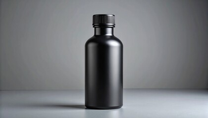 Matte black cylindrical bottle with screw cap on gradient gray background.