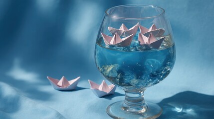 A whimsical glass filled with blue liquid features delicate paper boats, reflecting creativity and playfulness against a soft blue backdrop.