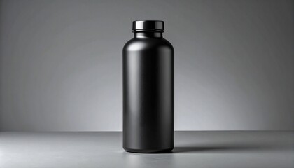 Matte black cylindrical bottle with screw cap on gradient gray background.