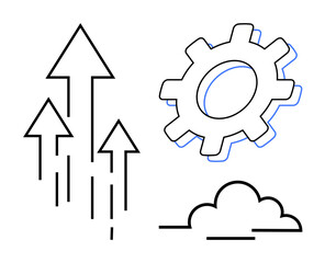 Arrows symbolize upward growth, gear represents innovation and process, while a cloud suggests digital technology. Ideal for business strategy, teamwork, innovation, process improvement, success