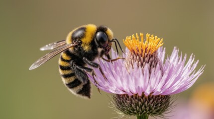 A detailed close-up of a bee pollinating a flower, illustrating the crucial role of pollinators in nature and ecosystem balance.