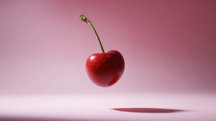 A vibrant cherry hovers against a soft pink background, showcasing its glossy texture and vivid color.
